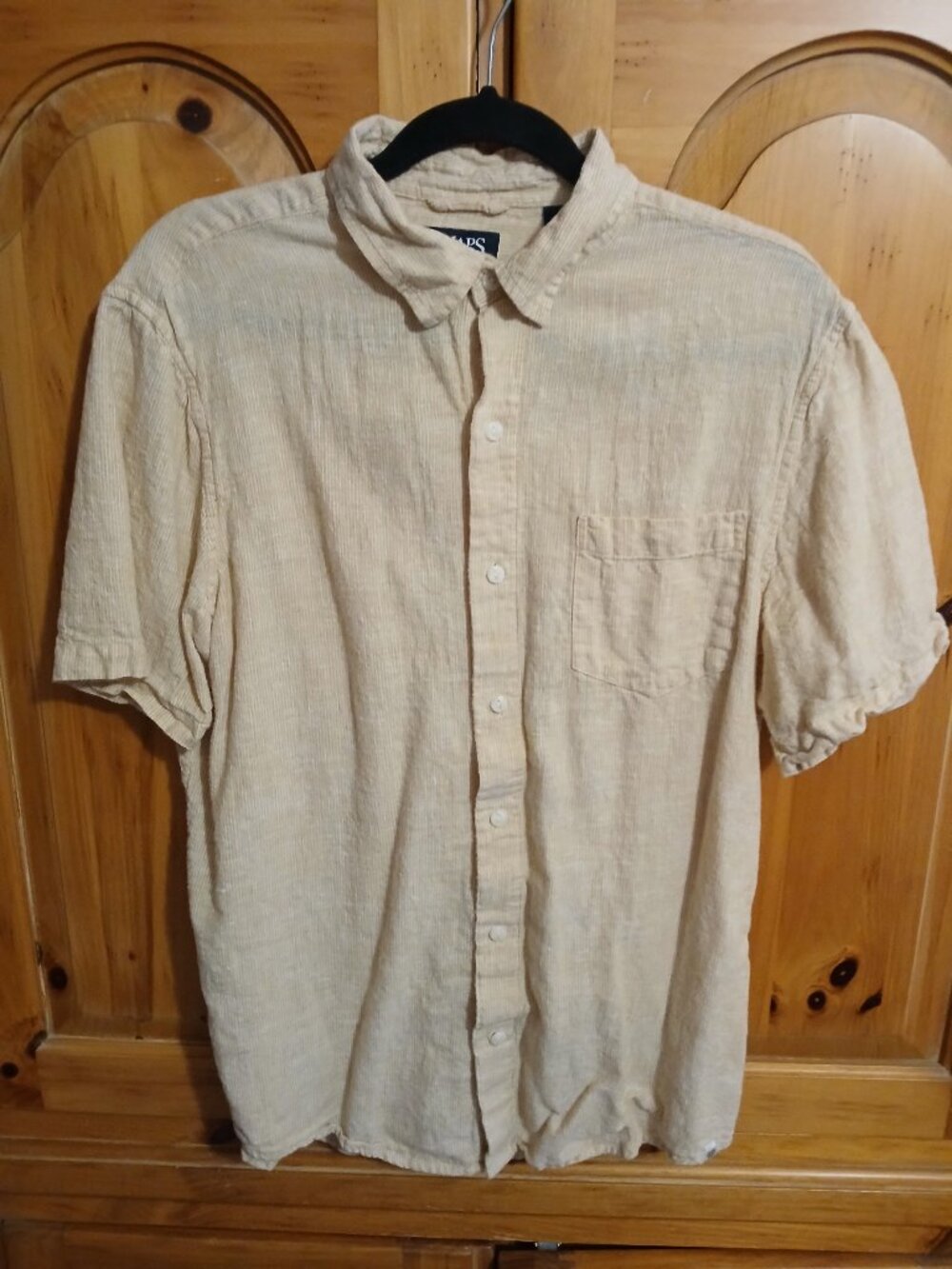 Vintage Chaps Linen Men's Button Down Camp Shirt, Medium, Tan, Stripe, EUC